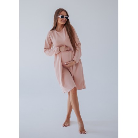 Ділове плаття з крепдайвінгу для вагітних з довгим рукавом та секретом для годування Пудровий